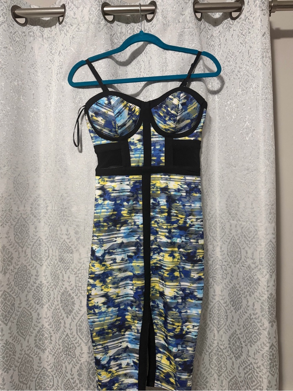 Material Girl Blue, Yellow and Black Abstract Midi Bodycon Dress